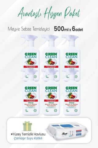 Green Clean Meyve Sebze Temizleyici 500 ml x 6 Adet ve Çamaşır Sulu Temizlik Havlusu
