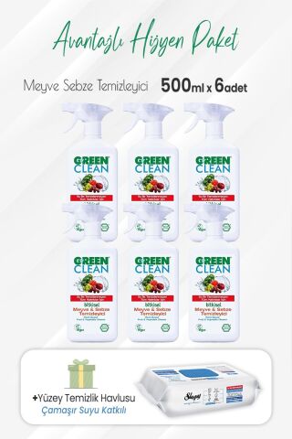 Green Clean Meyve Sebze Temizleyici 500 ml x 6 Adet ve Çamaşır Sulu Temizlik Havlusu