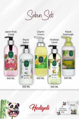 Sabun Paket 500 ML Japon Kiraz Çiçeği, Zeytinyağlı, Hindistan Cevizi, Beyaz Sabun, Çeşme Limonu ve Rosie