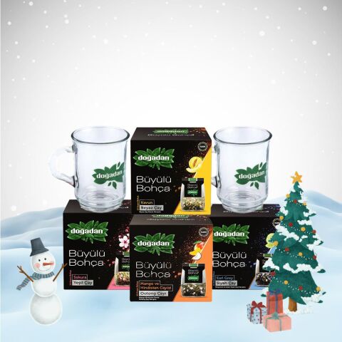 Doğadan Yılbaşı Paketi Büyülü Bohça Oolong, Sakura, Beyaz Çay ve Earl Grey, 2 Adet Cam Bardak Hediyeli