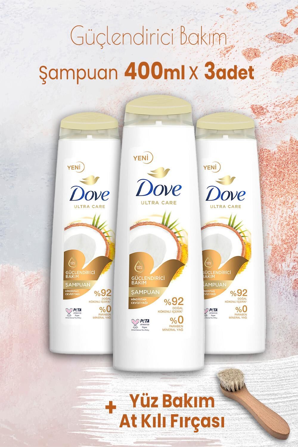 Dove Ultra Care Şampuan Güçlendirici Bakım 400 ml x 3 Adet ve Yüz Bakım At Kılı Fırçası