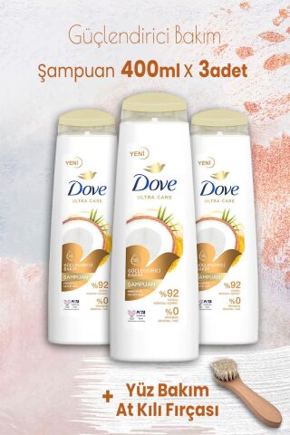 Dove Ultra Care Şampuan Güçlendirici Bakım 400 ml x 3 Adet ve Yüz Bakım At Kılı Fırçası