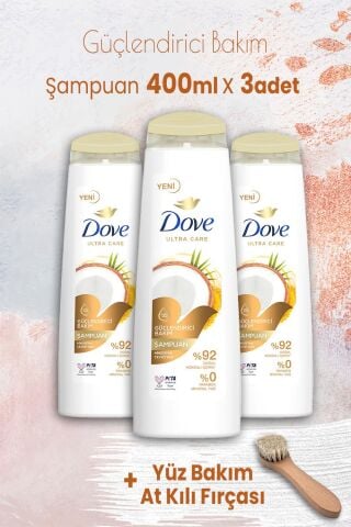 Dove Ultra Care Şampuan Güçlendirici Bakım 400 ml x 3 Adet ve Yüz Bakım At Kılı Fırçası