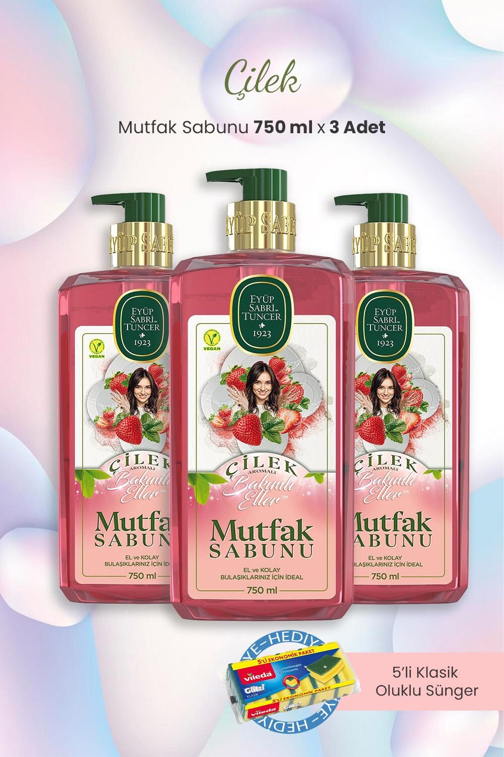 Eyüp Sabri Tuncer 3'lü Mutfak Sabunu Çilekli 750 ml ve Bulaşık Süngeri