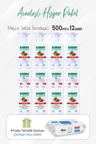 Green Clean Meyve Sebze Temizleyici 500 ml x 12 Adet ve Çamaşır Sulu Temizlik Havlusu