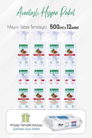 Green Clean Meyve Sebze Temizleyici 500 ml x 12 Adet ve Çamaşır Sulu Temizlik Havlusu
