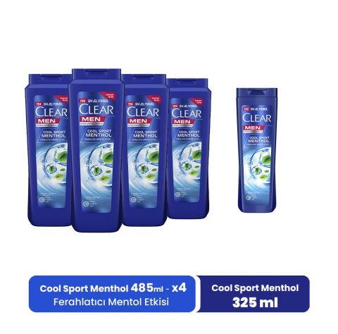 Clear Men Şampuan Ferahlatıcı Mentol Etkisi 485 ML x 4 ve Mentol Etkisi 325 ml