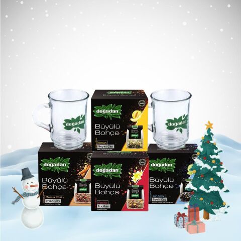 Doğadan Yılbaşı Paketi Büyülü Bohça Beyaz Çay, Earl Grey, Rooibos ve Masala, 2 Adet Cam Bardak Hediyeli