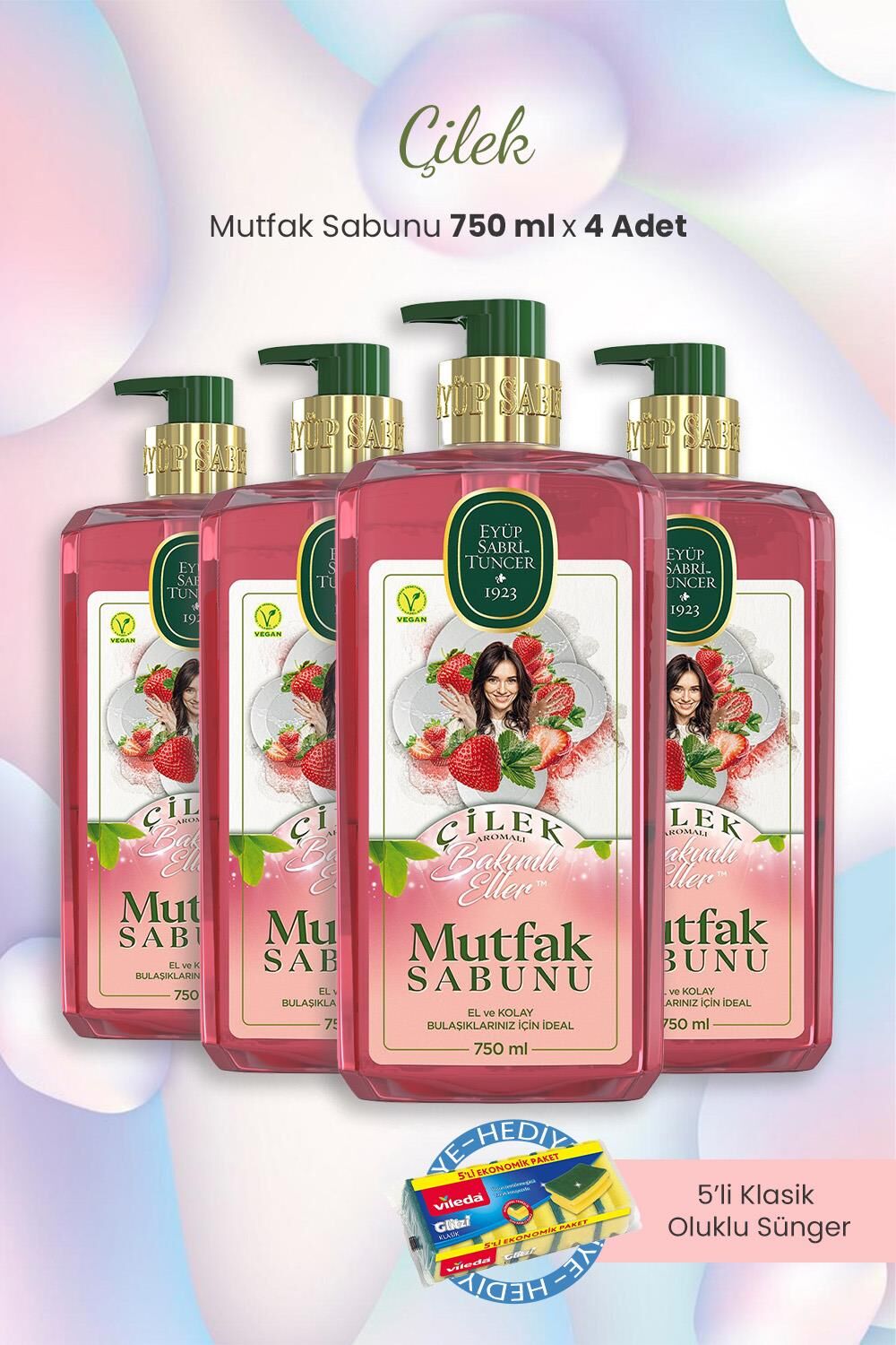 Eyüp Sabri Tuncer Çilekli Mutfak Sabunu 750 ml x 4 Adet ve Bulaşık Süngeri