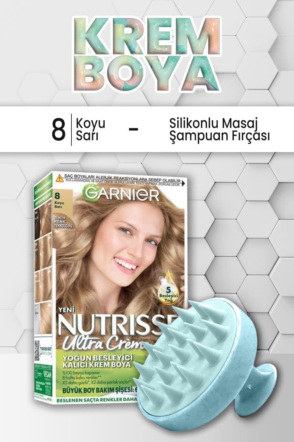 Garnier Nutrisse Yoğun Besleyici Kalıcı Krem Saç Boyası 8 Koyu Sarı ve Şampuan Fırçası Mavi