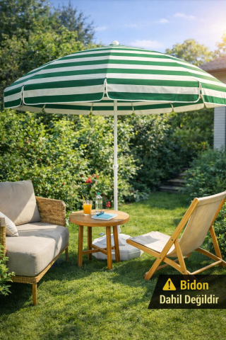 2 Metre Plaj Şemsiyesi Bidonsuz Yeşil Beyaz Bahçe Balkon Teras Kamp Güneş Şemsiyesi