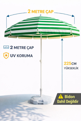 2 Metre Plaj Şemsiyesi Bidonsuz Yeşil Beyaz Bahçe Balkon Teras Kamp Güneş Şemsiyesi