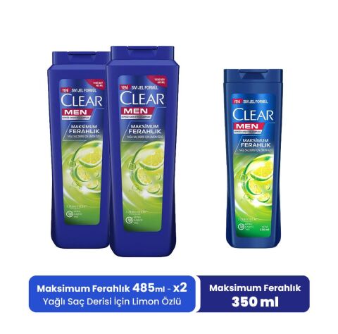 Clear Men Şampuan Maksimum Ferahlık 485 ML x 2 ve Maksimum Ferahlık 350 ml