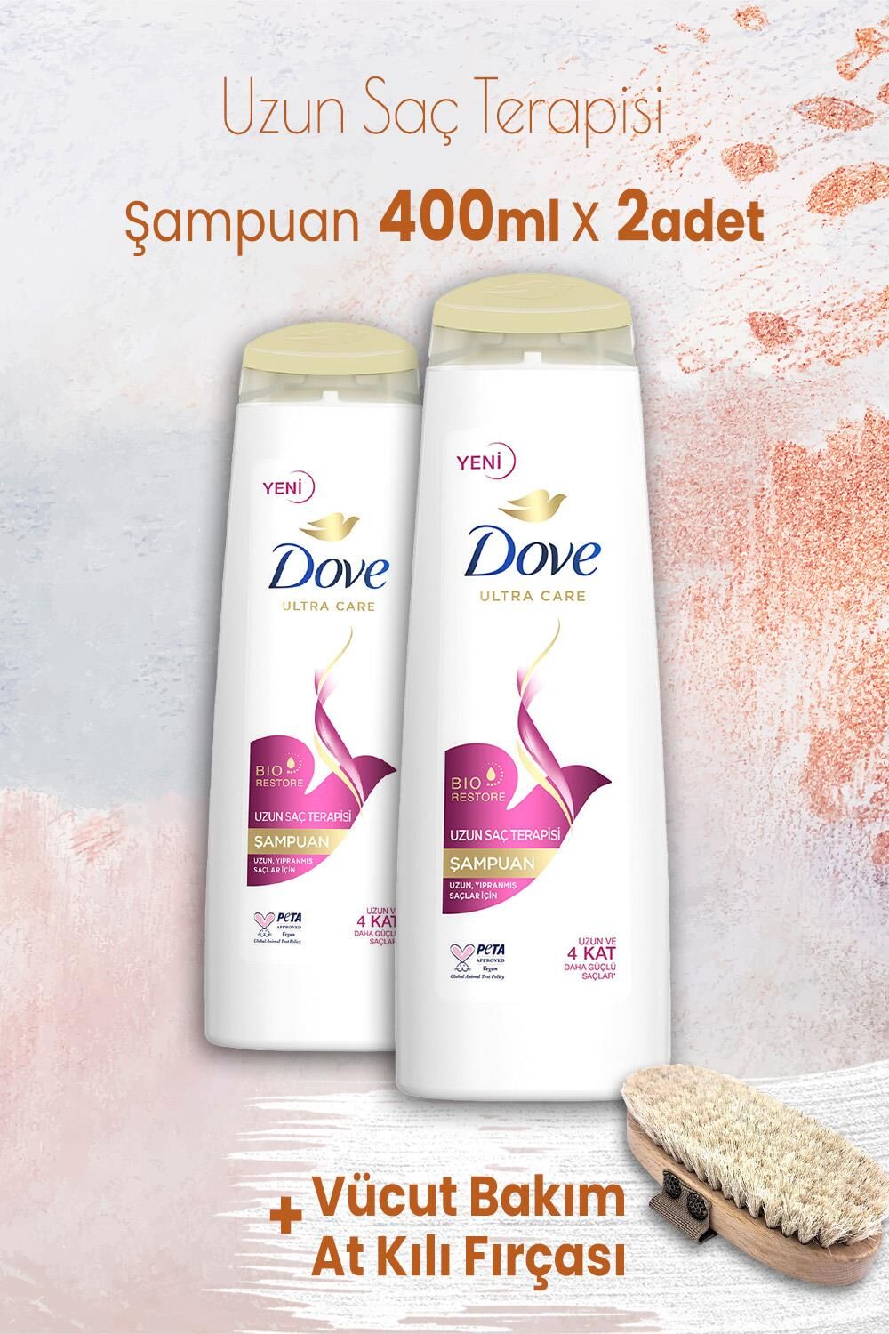Dove Ultra Care Şampuan Uzun Saç Terapisi 400 ml x 2 Adet ve Vücut Bakım At Kılı Fırçası
