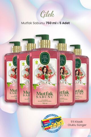 Eyüp Sabri Tuncer Çilekli Mutfak Sabunu 750 ml x 5 Adet ve Oluklu Sünger