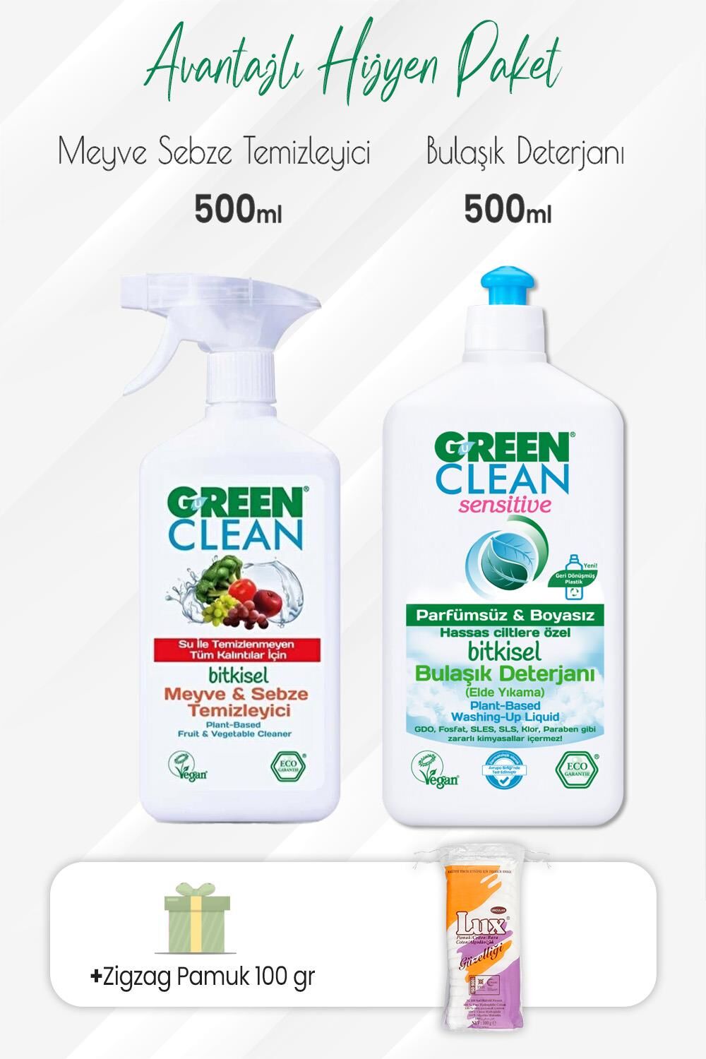 Green Clean Meyve Sebze Temizleyici,Sensitive Bulaşık Deterjanı 500 ml ve Zigzag Pamuk