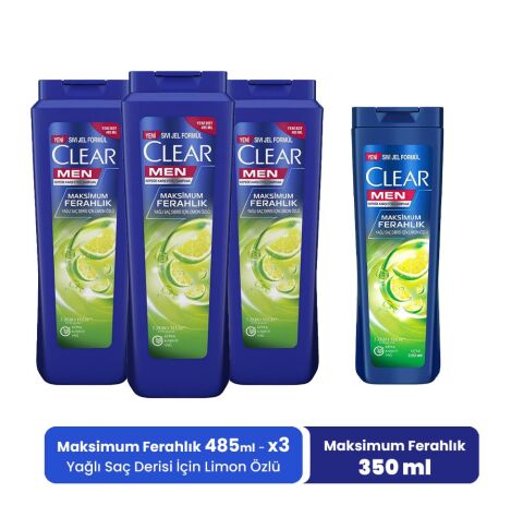 Clear Men Şampuan Maksimum Ferahlık 485 ML x 3 ve Maksimum Ferahlık 350 ml
