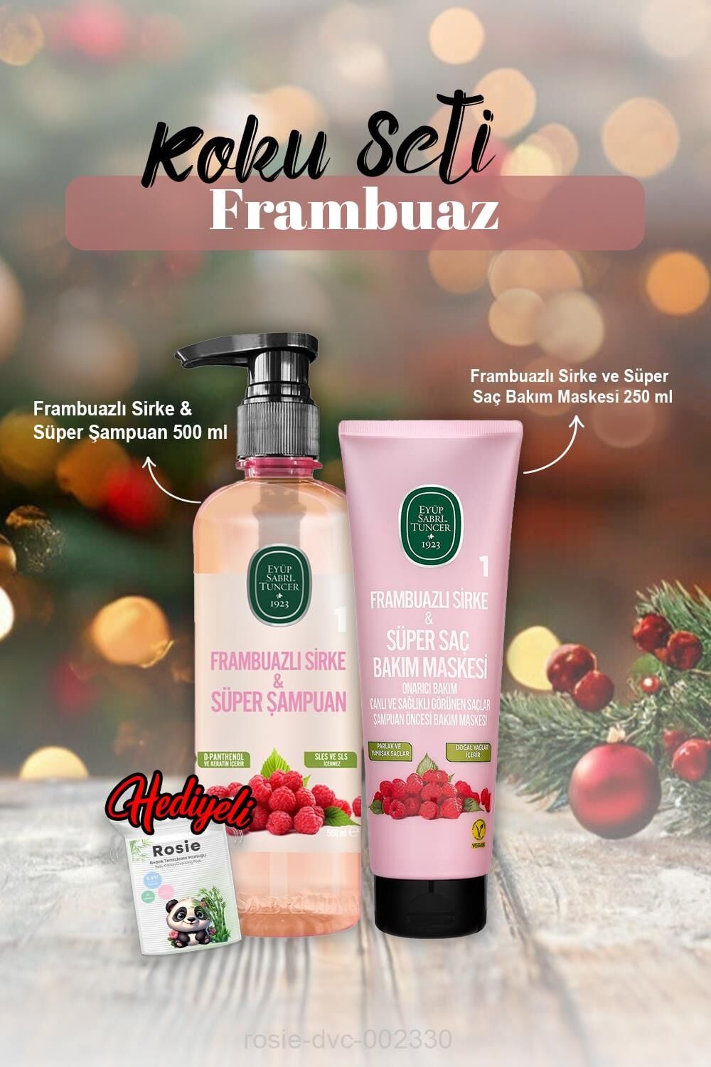 250 ml Saç Maskesi, Frambuazlı Sirke & Şampuan 500 ml ve Rosie Hediye