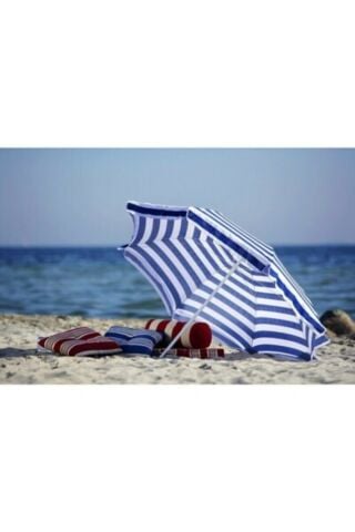 Yüksek Kalite Mavi 8 Telli Eğilebilir 200 Cm Plaj Şemsiyesi Ve Bidon Seti