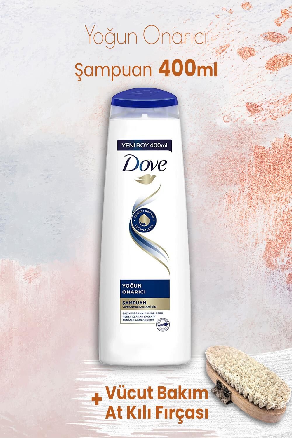 Dove Yoğun Onarıcı Şampuan 400 ml ve Vücut Bakım At Kılı Fırçası