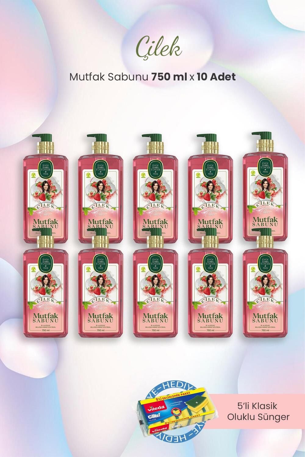 Eyüp Sabri Tuncer Çilek Mutfak Sabunu 750 ml x 10 Adet ve Oluklu Sünger