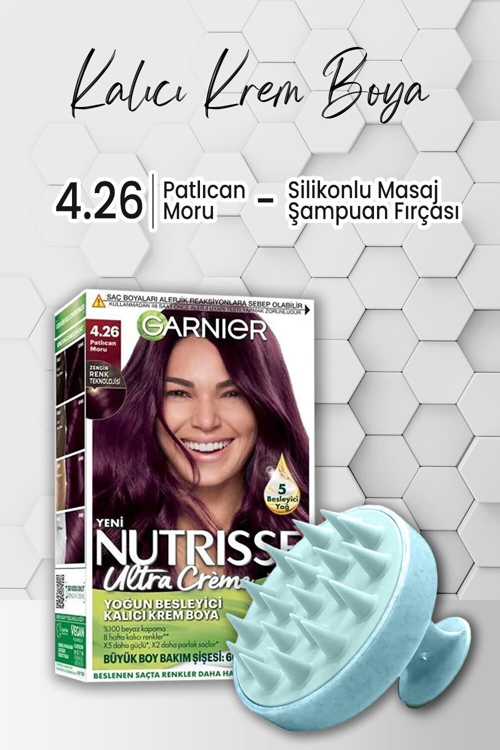 Garnier Nutrisse Yoğun Besleyici Kalıcı Krem Saç Boyası 4.26 Patlıcan Moru ve Şampuan Fırçası Mavi