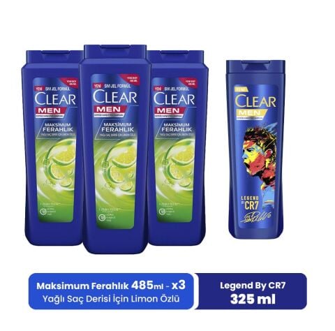 Clear Men Şampuan Maksimum Ferahlık 485 ML x 3 ve Legend By CR7 325 ml