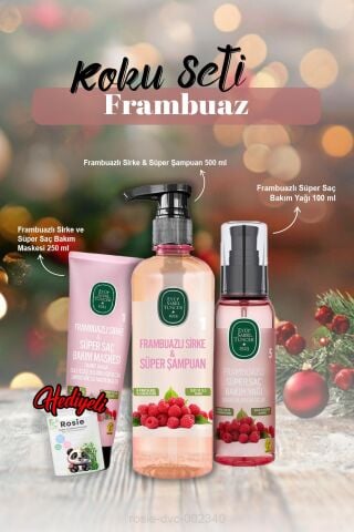 Frambuazlı Bakım Yağı 100 ml, Şampuan 500 ml, Maske 250 ml ve Rosie Hediye