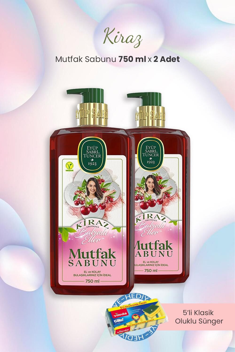 Eyüp Sabri Tuncer Kiraz Mutfak Sabunu 750 ml x 2 Adet ve Bulaşık Süngeri