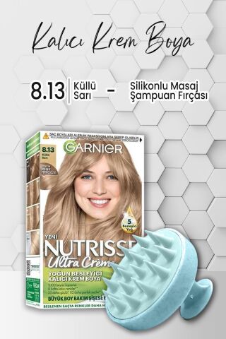 Garnier Nutrisse Yoğun Besleyici Kalıcı Krem Saç Boyası 8.13 Küllü Sarı ve Şampuan Fırçası Mavi