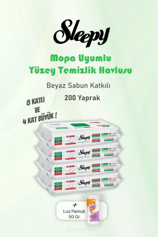 Sleepy Beyaz Sabunlu 200 Yaprak Yüzey Temizlik Havlusu ve Pamuk