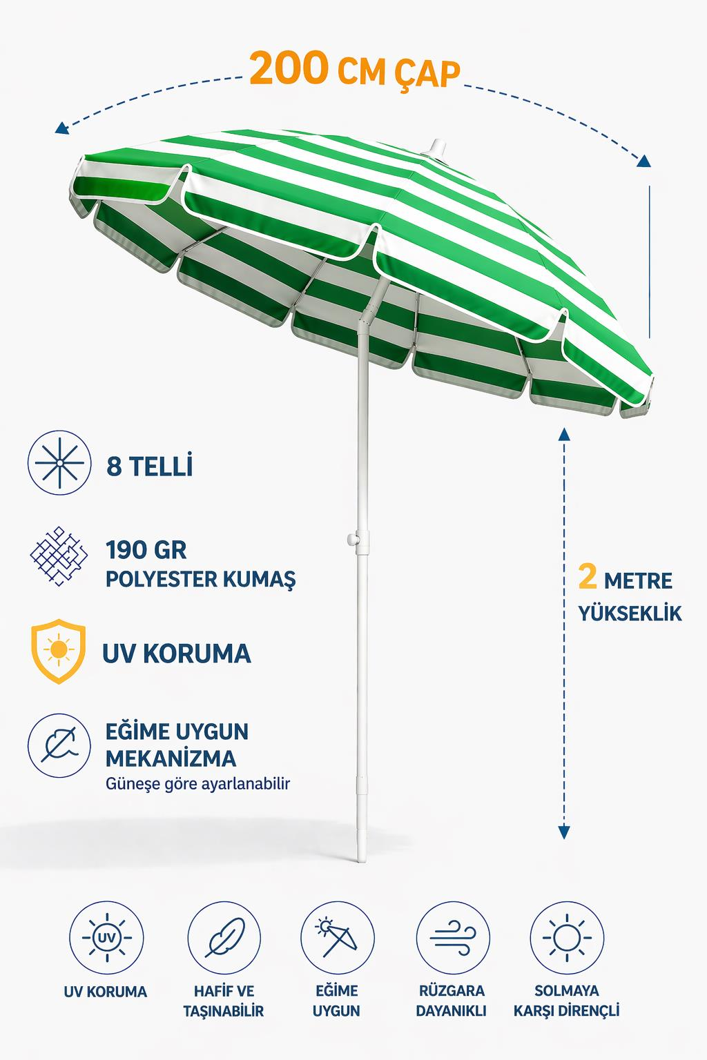 8 Telli 200 Cm Şemsiye, Plaj Bahçe Balkon Şemsiyesi Eğilebilen Şemsiye Yeşil beyaz