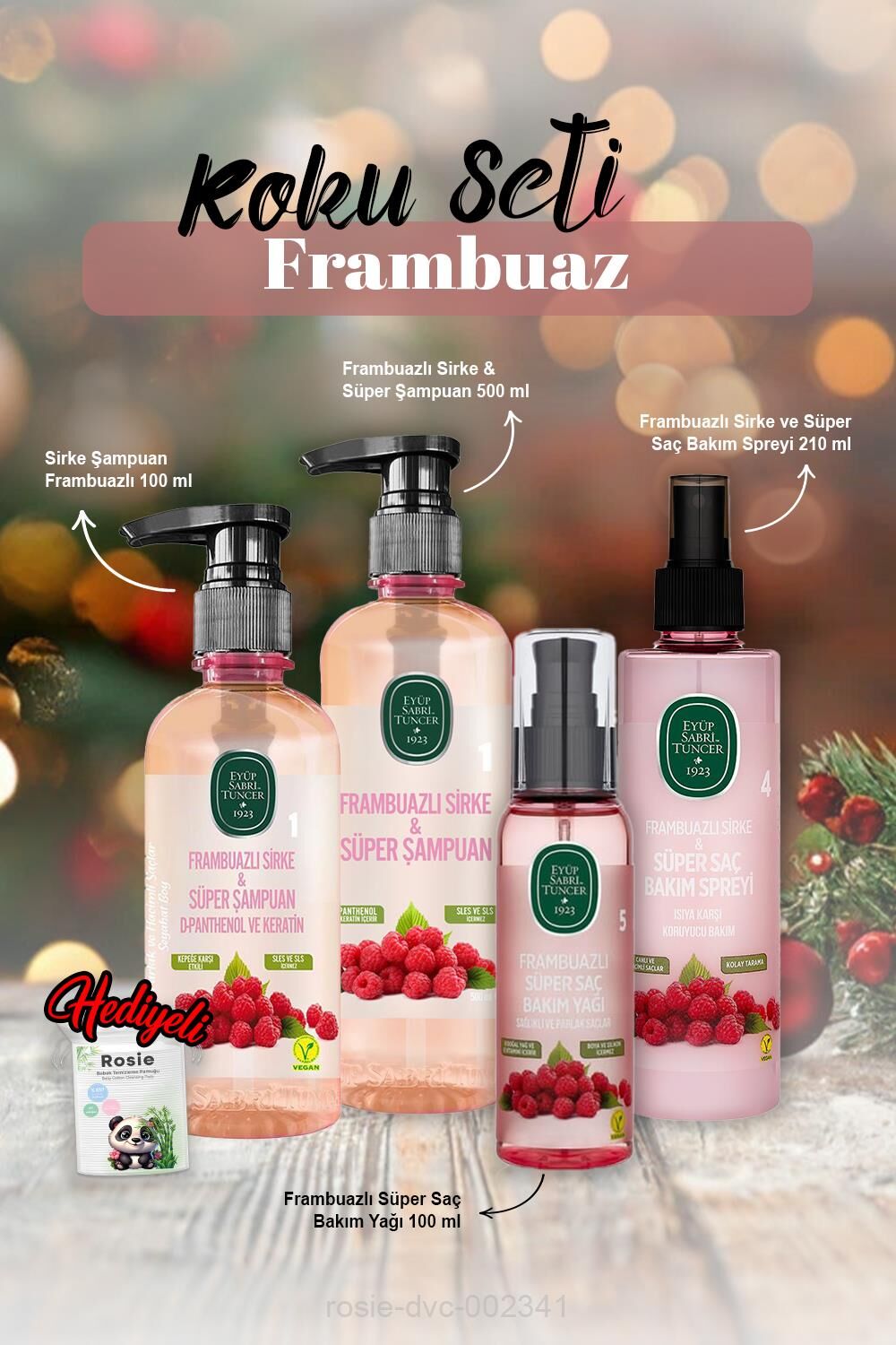Frambuazlı Şampuan 500 ml ve 100 ml Bakım Yağı 100 ml, Sprey 210 ml ve Rosie Hediye