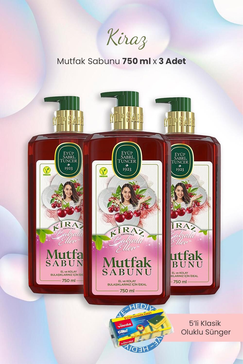 Eyüp Sabri Tuncer Kiraz Mutfak Sabunu 750 ml x 3 Adet ve Oluklu Sünger