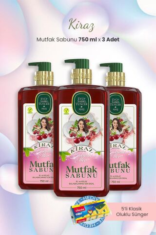 Eyüp Sabri Tuncer Kiraz Mutfak Sabunu 750 ml x 3 Adet ve Oluklu Sünger