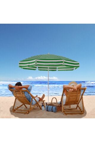 8 Telli 200 Cm Şemsiye, Plaj Bahçe Balkon Şemsiyesi Eğilebilen Şemsiye Yeşil beyaz
