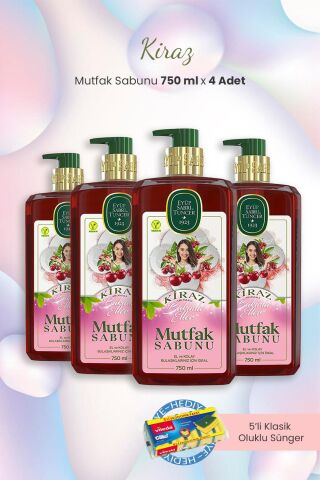 Eyüp Sabri Tuncer 4'lü Kiraz Mutfak Sabunu 750 ml ve Bulaşık Süngeri