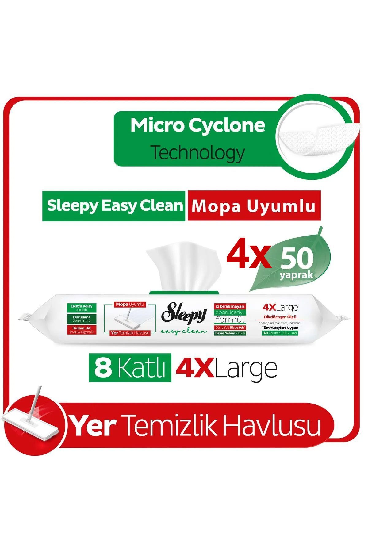 Sleepy Beyaz Sabun Katkılı 4X Large Mopa Uyumlu Temizlik Havlusu 50' li x 4 Adet