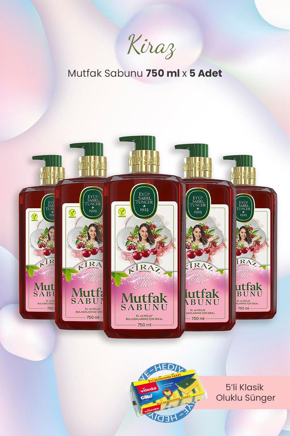 Eyüp Sabri Tuncer Kirazlı Mutfak Sabunu 750 ml x 5 Adet ve Oluklu Sünger