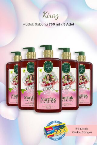 Eyüp Sabri Tuncer Kirazlı Mutfak Sabunu 750 ml x 5 Adet ve Oluklu Sünger