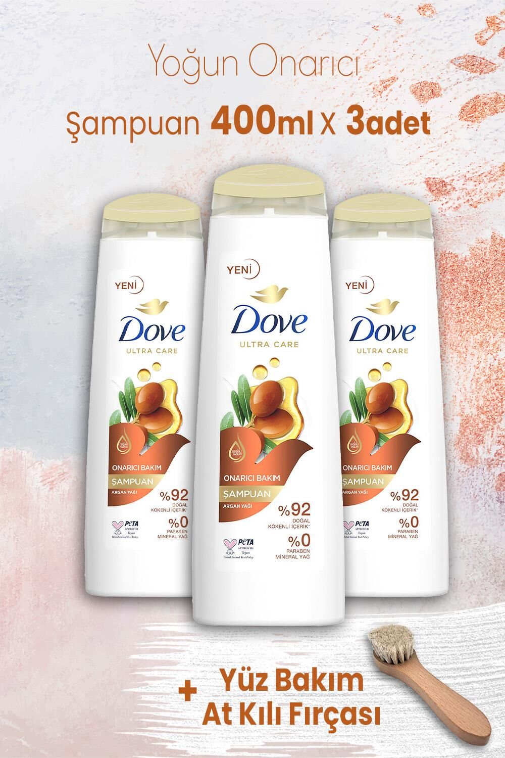 Dove Ultra Care Yoğun Onarıcı Şampuan 400 ml x 3 Adet ve Yüz Bakım At Kılı Fırçası