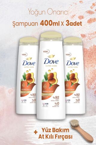 Dove Ultra Care Yoğun Onarıcı Şampuan 400 ml x 3 Adet ve Yüz Bakım At Kılı Fırçası