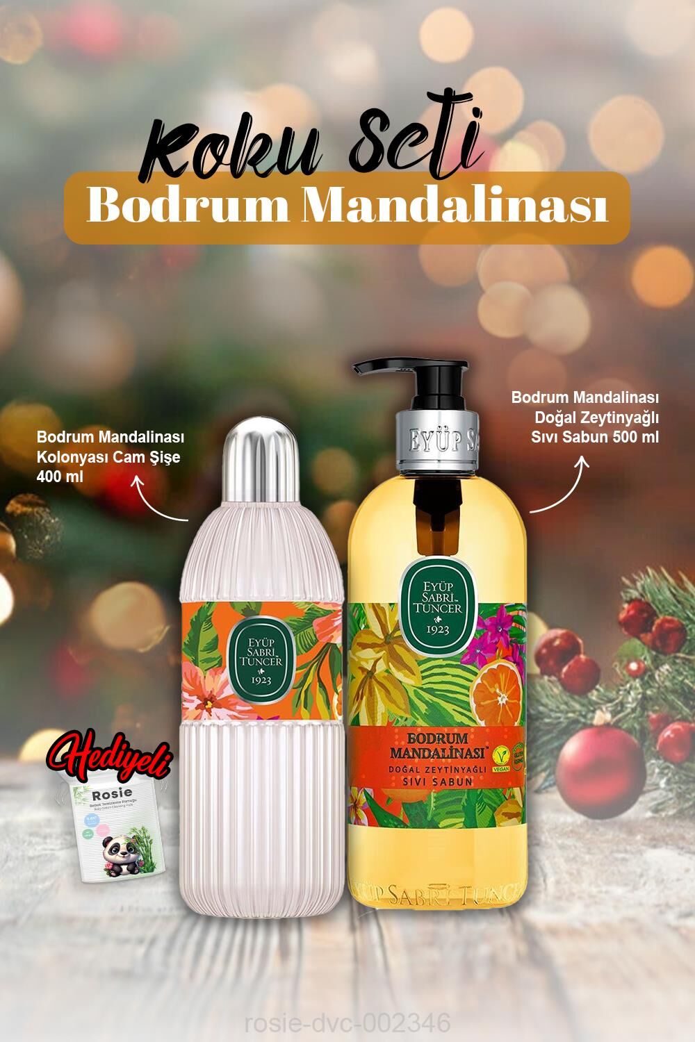 Sıvı Sabun 500 ml, Cam Şişe Kolonya 400 ml Bodrum Mandalina ve Rosie Hediye