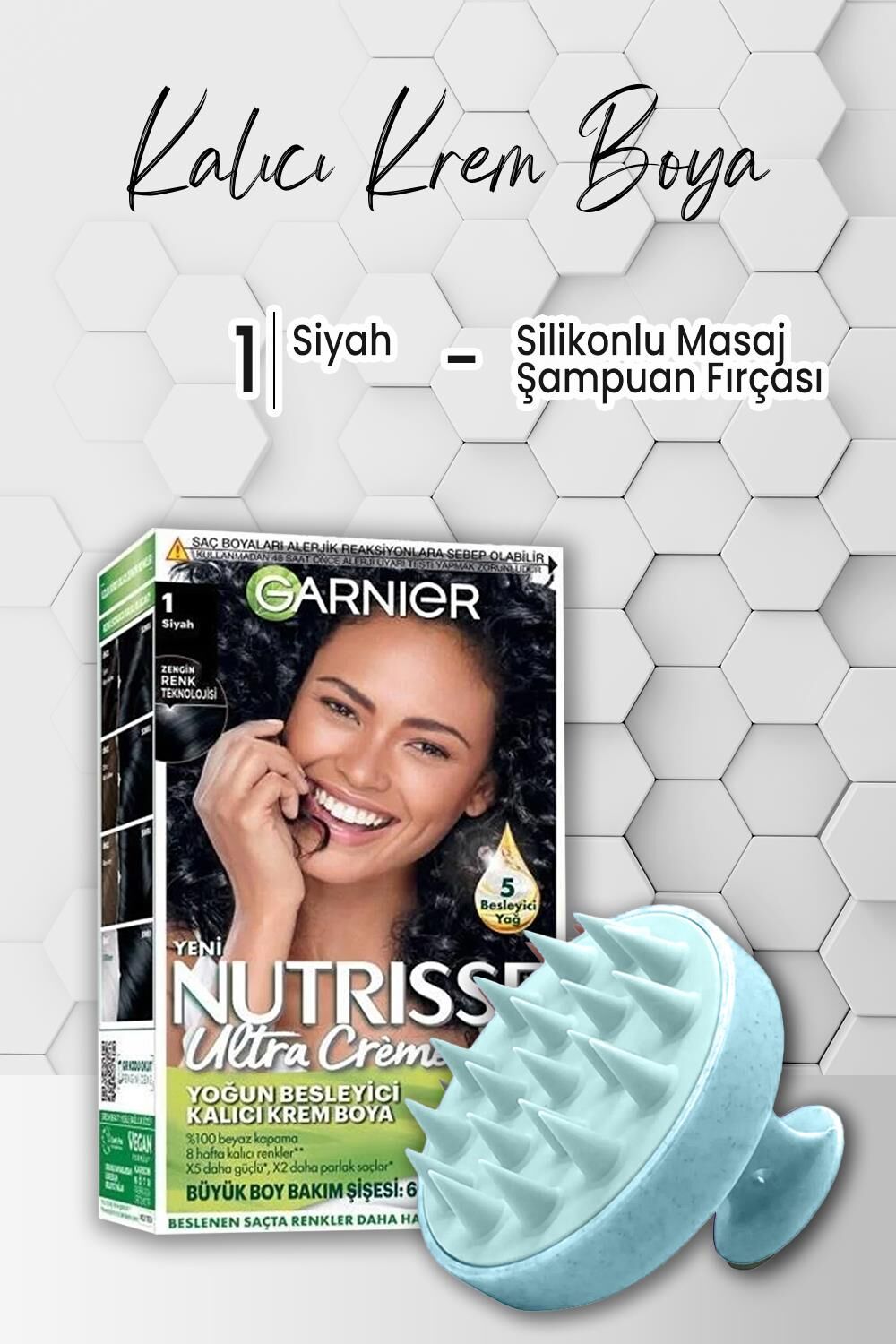 Garnier Nutrisse Yoğun Besleyici Kalıcı Krem Saç Boyası 1 Siyah ve Şampuan Fırçası Mavi