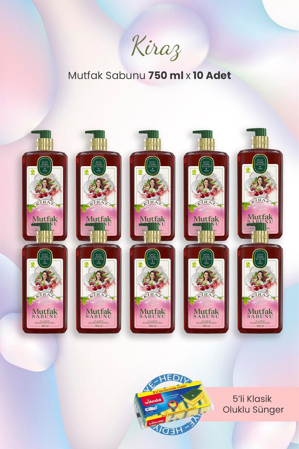 Eyüp Sabri Tuncer Kiraz Mutfak Sabunu 750 ml x 10 Adet ve Bulaşık Süngeri