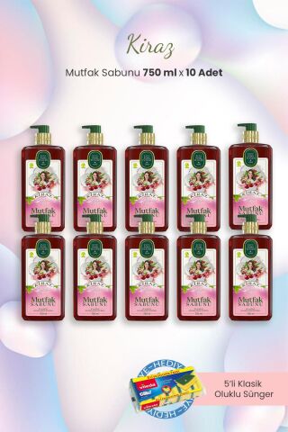 Eyüp Sabri Tuncer Kiraz Mutfak Sabunu 750 ml x 10 Adet ve Bulaşık Süngeri