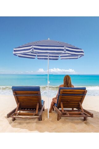 8 Telli-200 Cm Mavi Beyaz Plaj Bahçe Balkon Şemsiyesi, Eğilebilen Şemsiye