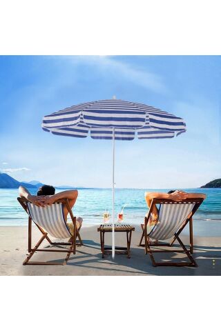 8 Telli-200 Cm Mavi Beyaz Plaj Bahçe Balkon Şemsiyesi, Eğilebilen Şemsiye