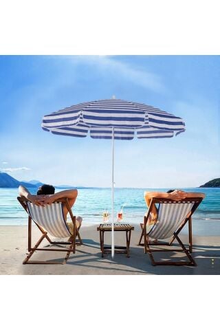 8 Telli-200 Cm Mavi Beyaz Plaj Bahçe Balkon Şemsiyesi, Eğilebilen Şemsiye