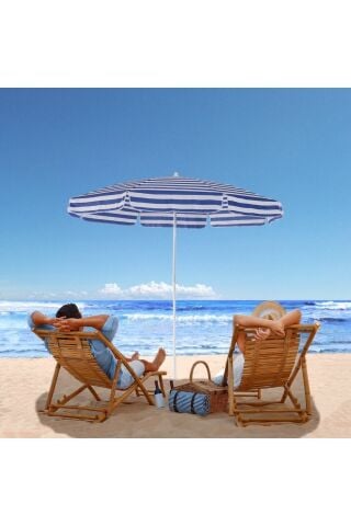 8 Telli-200 Cm Mavi Beyaz Plaj Bahçe Balkon Şemsiyesi, Eğilebilen Şemsiye